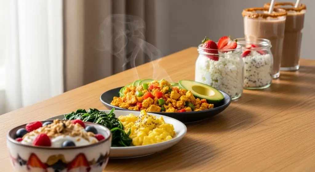 30 grams protein breakfast ideas with yogurt, eggs, tofu, cottage cheese, and smoothie on wooden table.