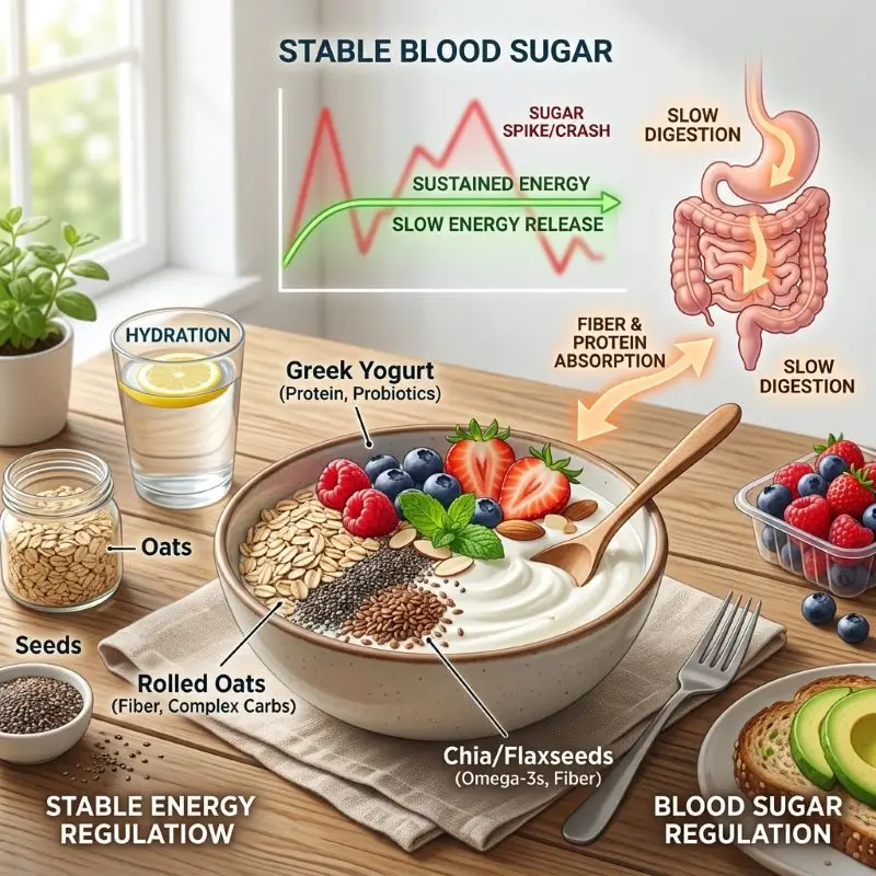 Benefits of Eating Yogurt Everyday with yogurt bowl oats chia seeds showing stable blood sugar and steady energy levels boost