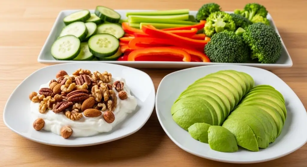 Balanced snack ideas showing protein Greek yogurt fiber vegetables and healthy fats avocado on white plates