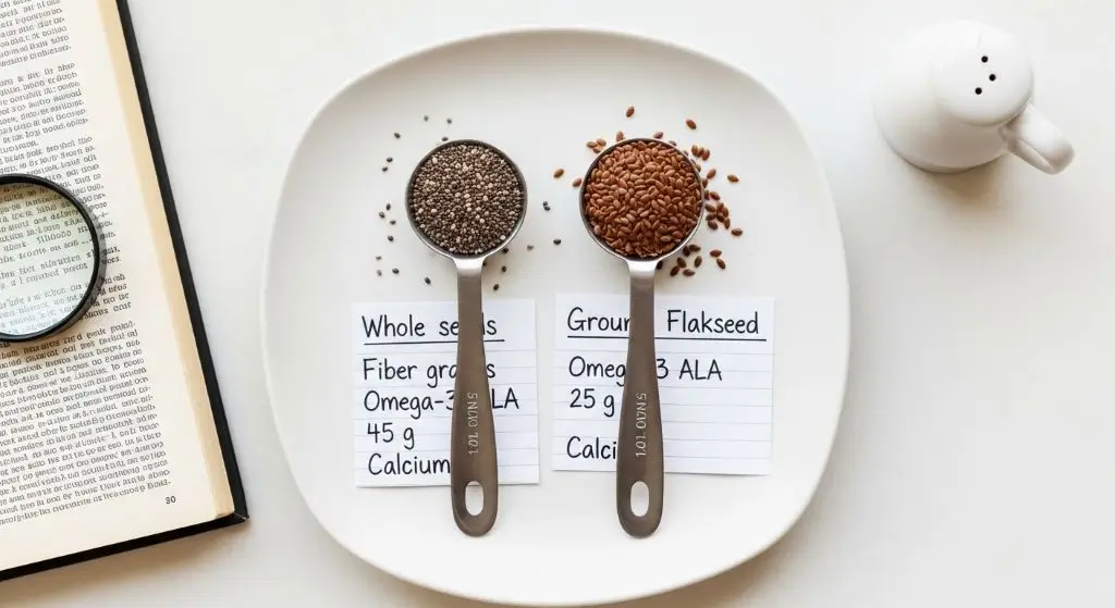Chia seeds vs flax seeds nutrition comparison showing fiber and omega-3 content in measuring spoons