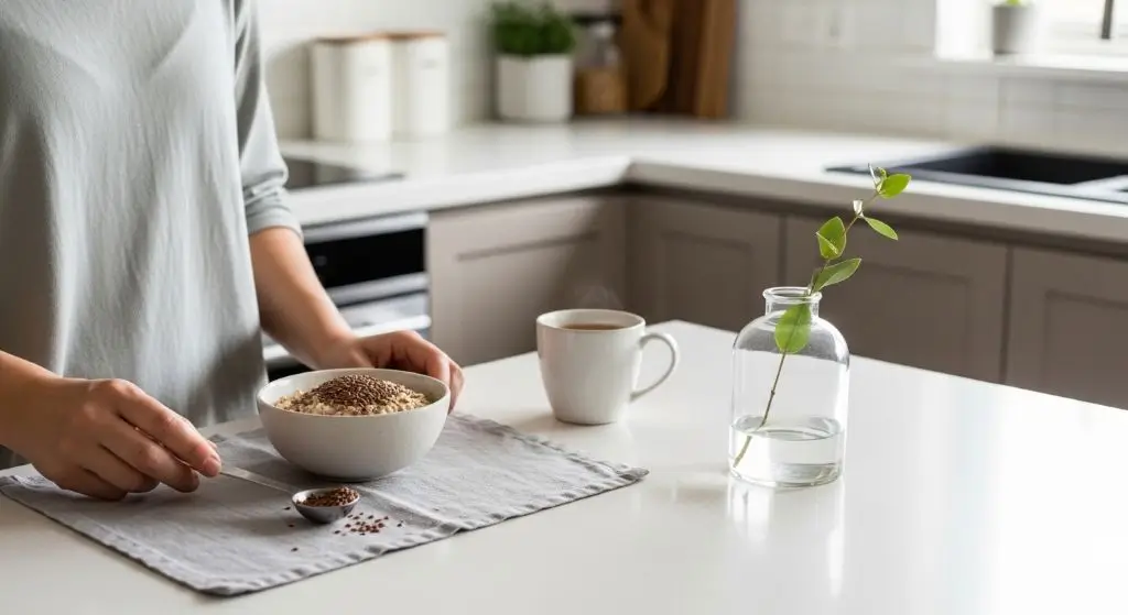 Person adding ground flaxseed to oatmeal, showing how to decide if flaxseed fits a daily diet routine and eating habits