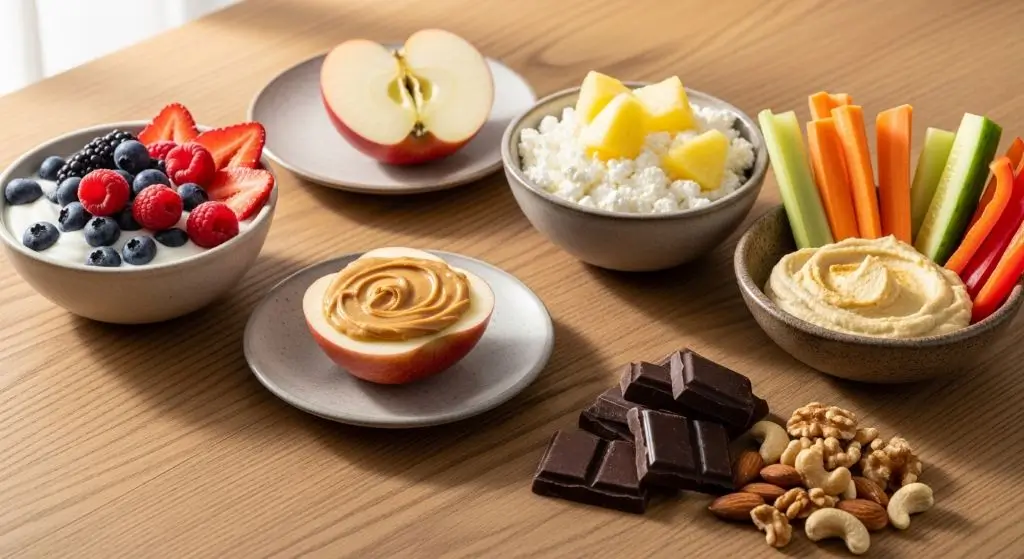Filling healthy snacks including yogurt, fruit, nuts and hummus as alternatives to junk food
