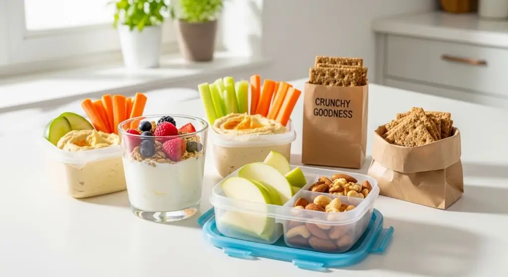 Filling healthy snacks on the go including yogurt cups nuts fruit and hummus packs