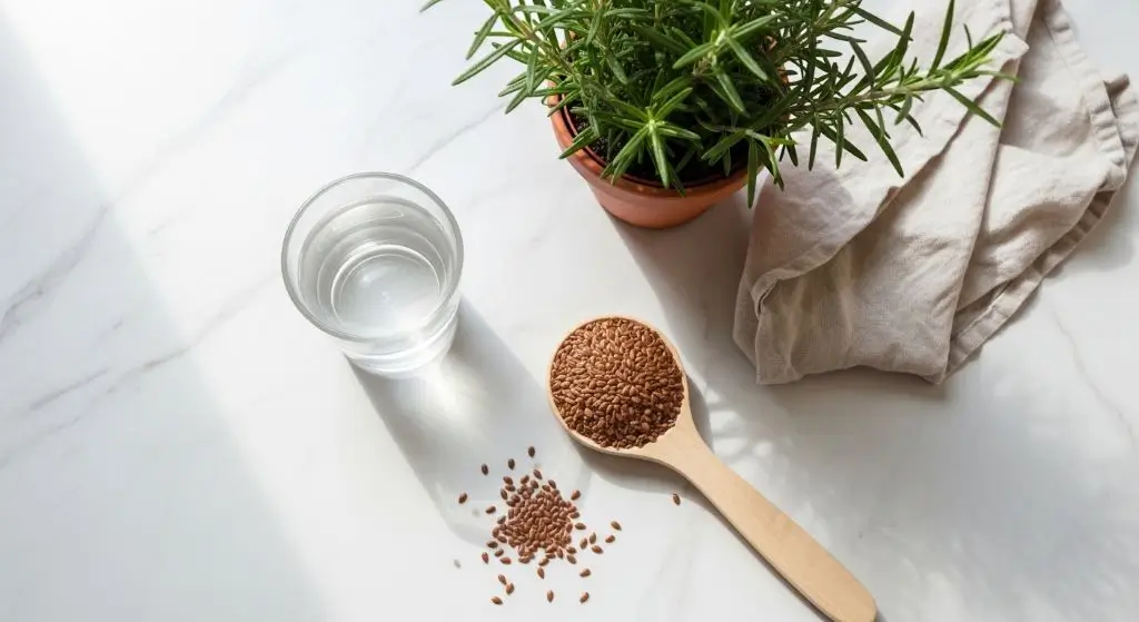 Ground flaxseed with water glass showing flax seeds benefits and side effects, emphasizing hydration and proper portion control daily.