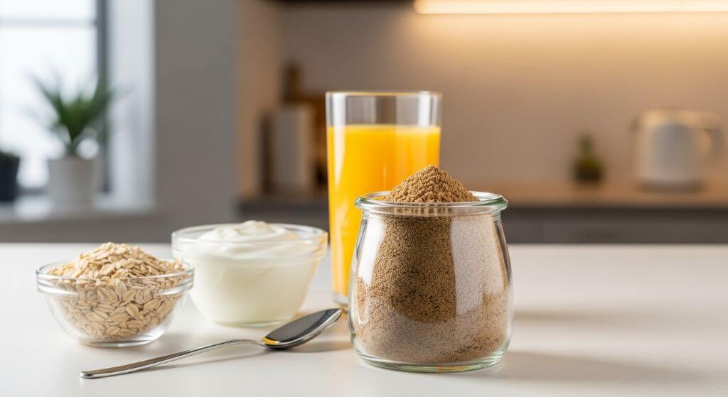 Balanced breakfast with flaxseed, yogurt, juice and oats showing flaxseed benefits for daily diet and steady energy support