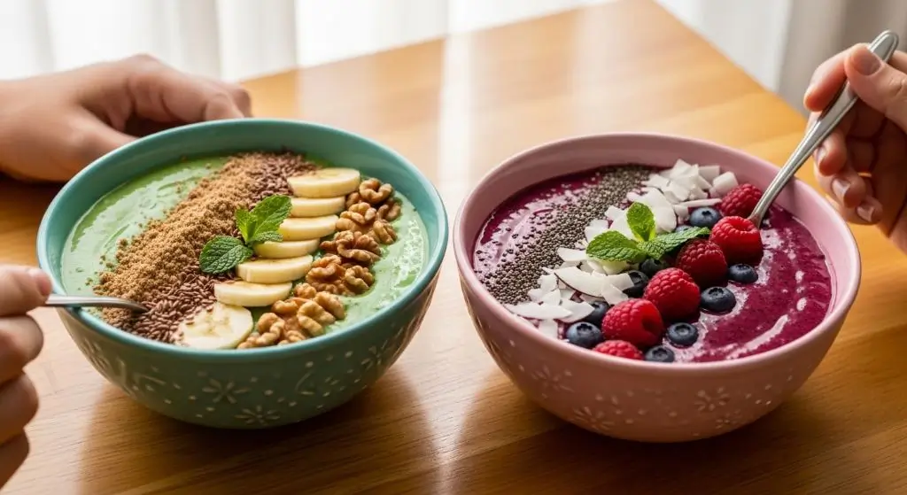 Flaxseed vs chia seeds benefits shown in morning smoothie bowls for heart and digestive health support