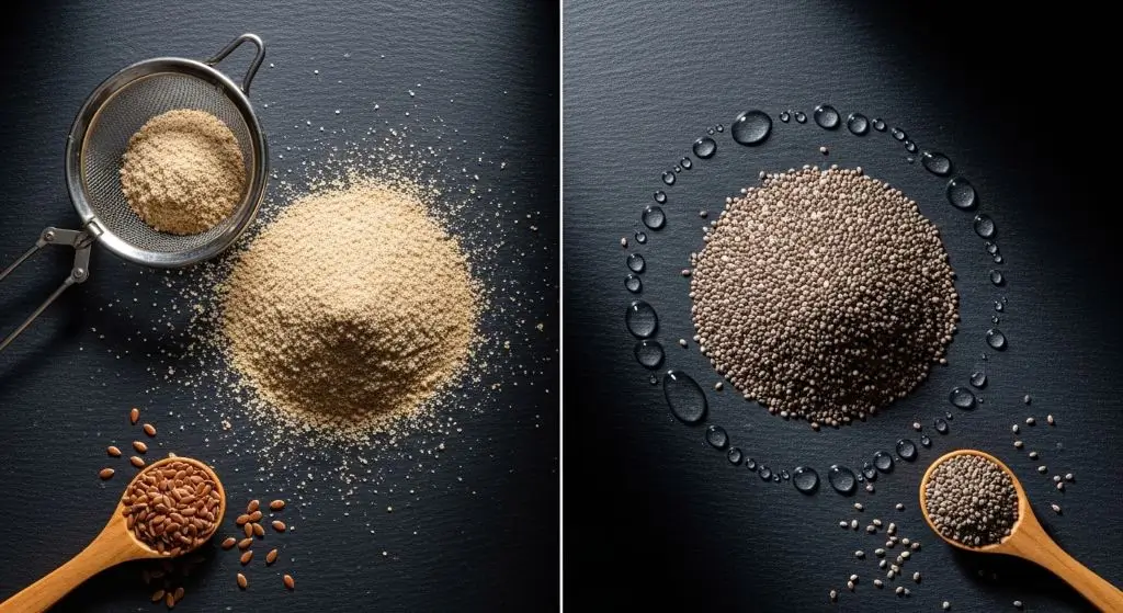 Flaxseed vs chia seeds preparation and texture differences showing ground versus whole seed options