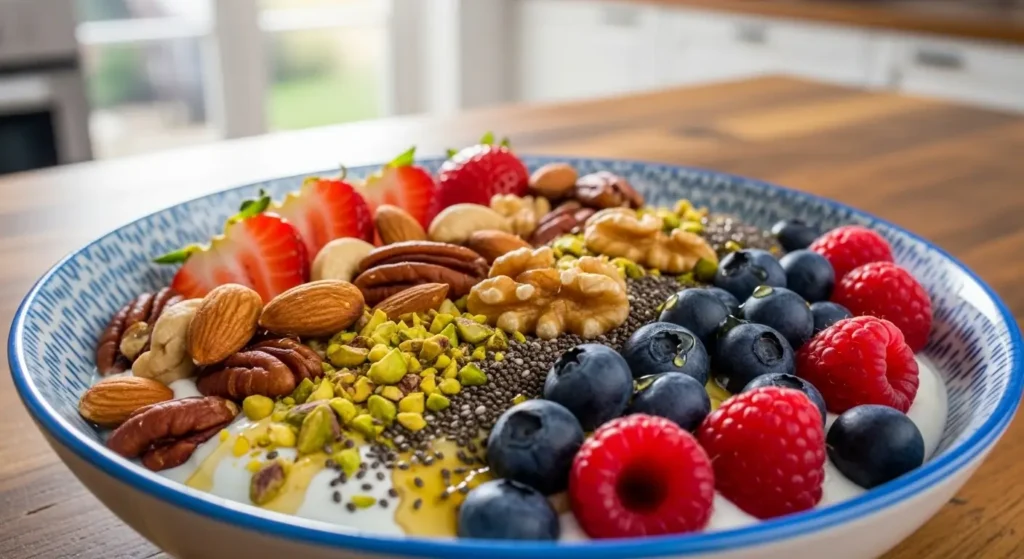 Greek yogurt breakfast with nuts and berries, showing high protein, highlighting when Greek yogurt is the better choice and daily use benefits.