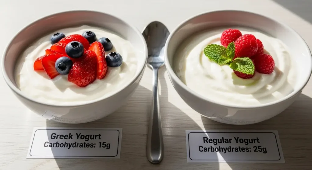Greek yogurt nutrition facts with lower carbohydrates and natural sugars compared to regular yogurt, highlighting healthier choice considerations.