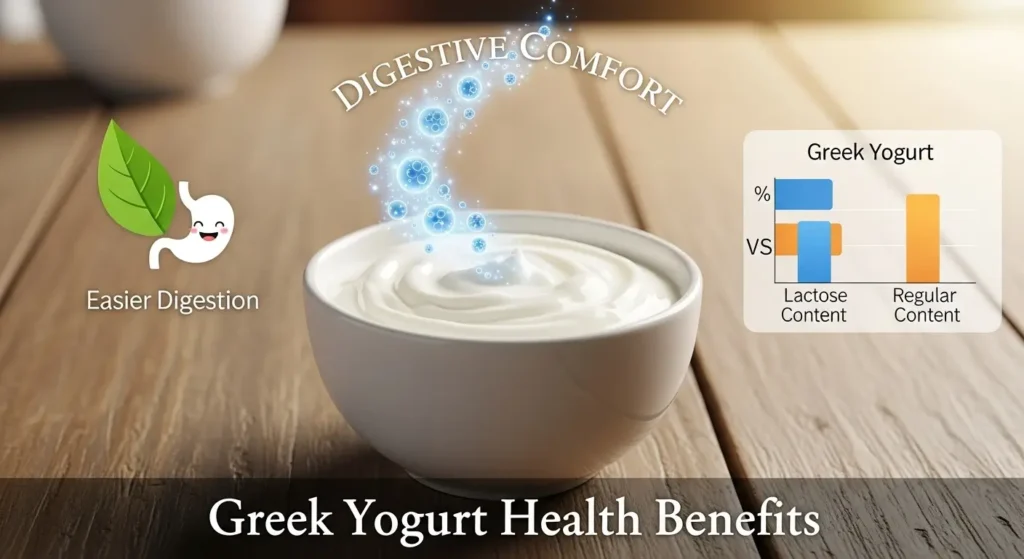 Greek yogurt digestive comfort and lactose tolerance, with probiotics, highlighting digestive health and Greek yogurt health benefits.