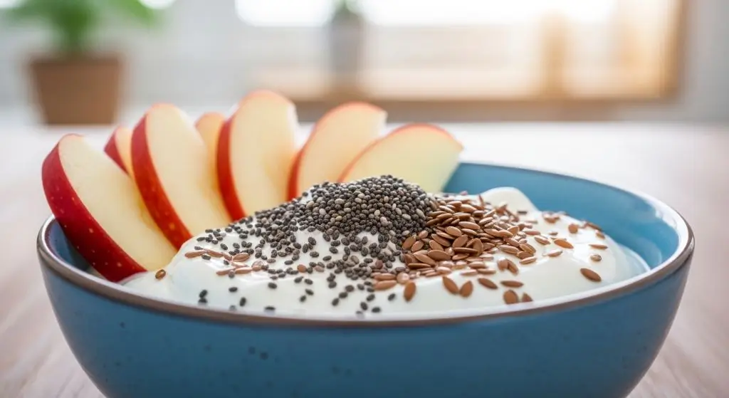 Greek yogurt breakfast with chia, flaxseeds, and apple – boosts fiber and protein for a complete morning meal.