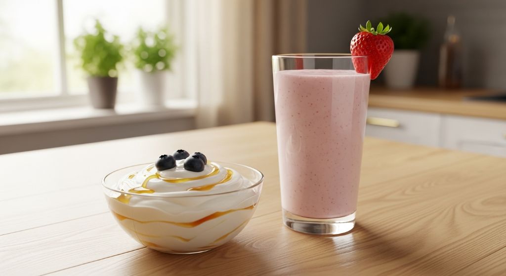 Daily use of Greek yogurt and regular yogurt showing thicker yogurt for meals and lighter yogurt for blending