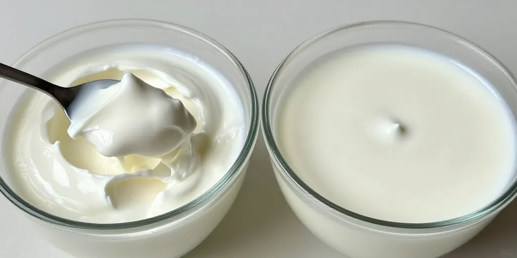 Texture comparison of Greek yogurt vs regular yogurt showing thick strained yogurt versus lighter, smooth consistency