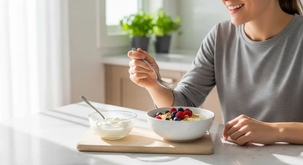 Is Greek yogurt healthier for weight management? Breakfast bowl with Greek yogurt demonstrating satiety and practical daily use.