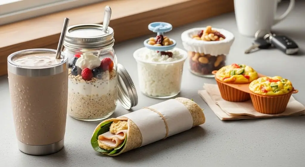 Quick high protein breakfast on the go options with smoothie, overnight oats, wrap, cottage cheese, and egg muffins for busy mornings.