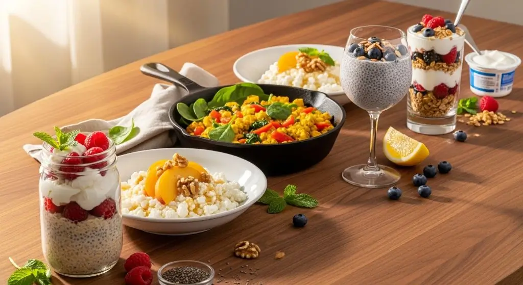 high protein breakfast recipes without eggs with Greek yogurt, cottage cheese, tofu scramble, and chia pudding for healthy mornings.