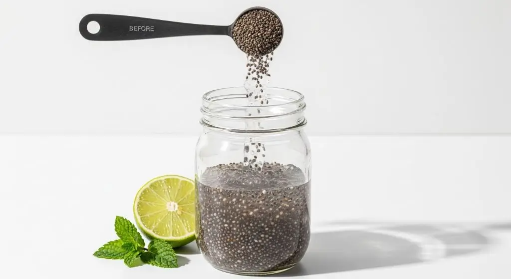 How much chia seeds per day shown as properly soaked two tablespoon serving in glass jar