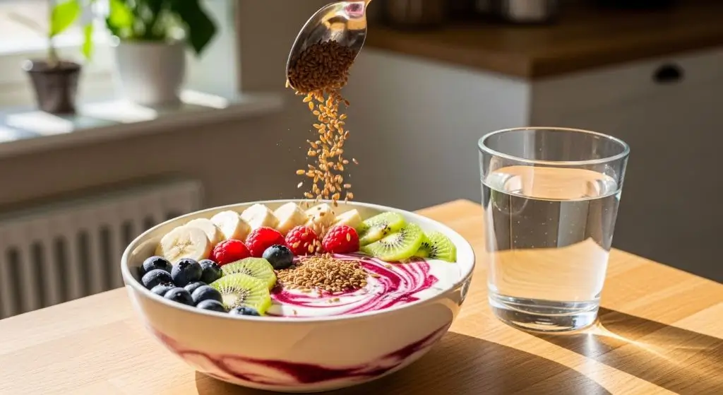 Smoothie bowl with fruit and yogurt being topped with a spoon of ground flaxseed, bright natural light, realistic home kitchen setting