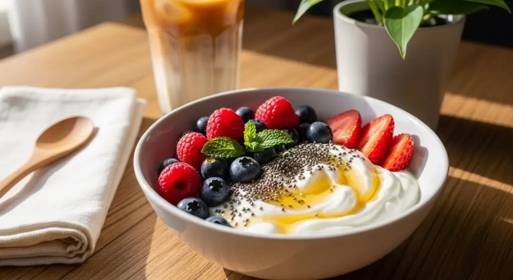Is Greek yogurt good for breakfast? Bowl of Greek yogurt with berries, chia seeds, and honey for a healthy high-protein meal.
