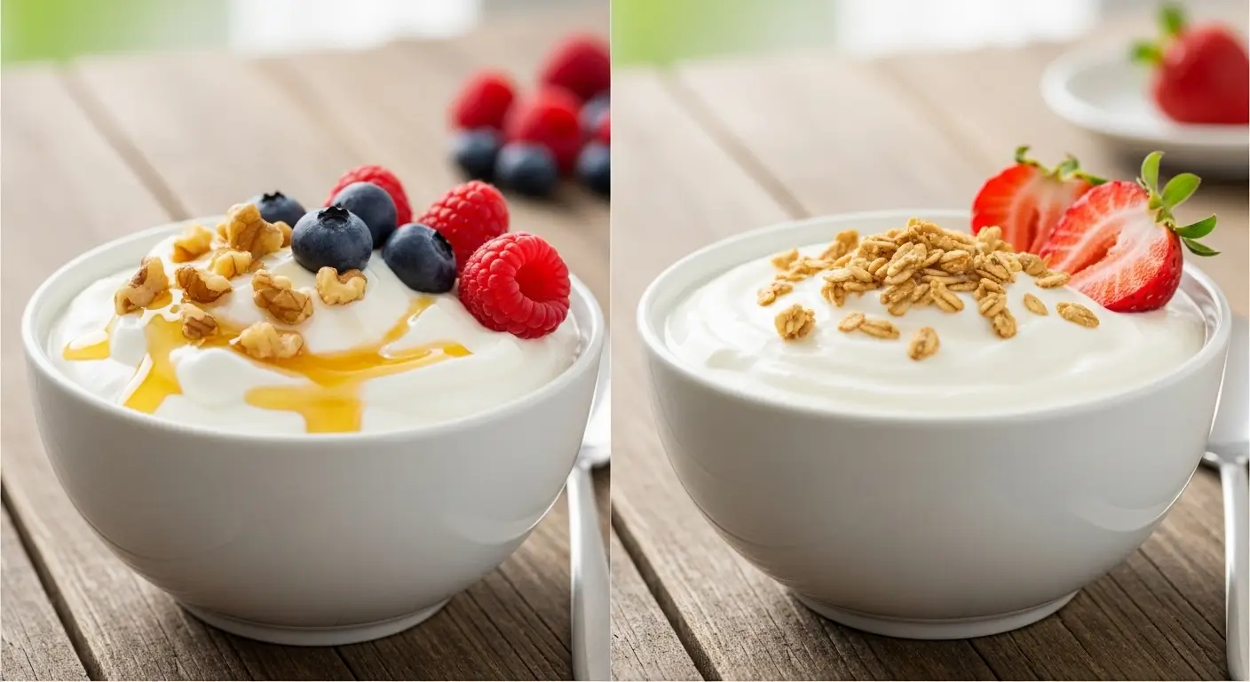 Is Greek yogurt healthier than regular yogurt? Greek and regular yogurt with nuts and berries, illustrating high-protein and balanced nutrition.