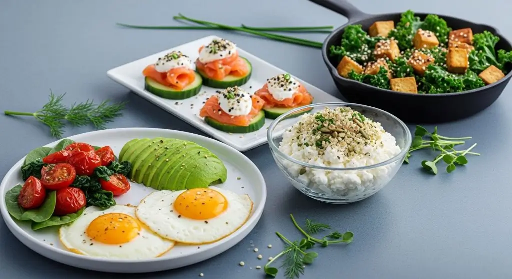 Low carb high protein breakfast options with eggs, salmon, cottage cheese, and tofu for healthy morning energy without excess carbs.