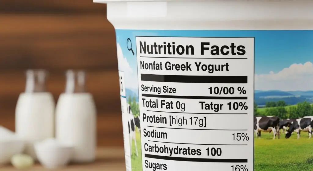 Nonfat Greek yogurt nutrition label showing zero fat, protein content, and calories for healthy daily eating choices