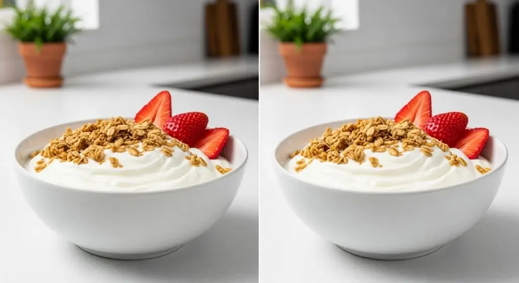 Nonfat vs full-fat Greek yogurt comparison showing texture and portion differences for daily eating choices