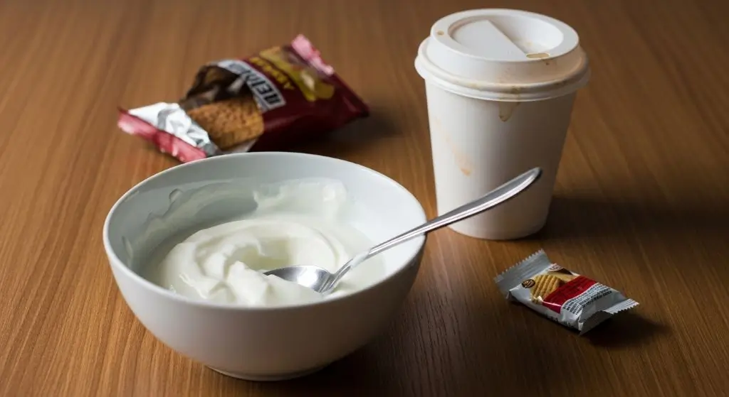 Unfinished nonfat Greek yogurt bowl with snacks nearby illustrating potential hunger rebound from low fat meals