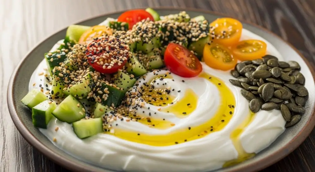 Savory Greek yogurt breakfast with cucumber, tomatoes, olive oil, and pumpkin seeds – fiber-rich high-protein option.