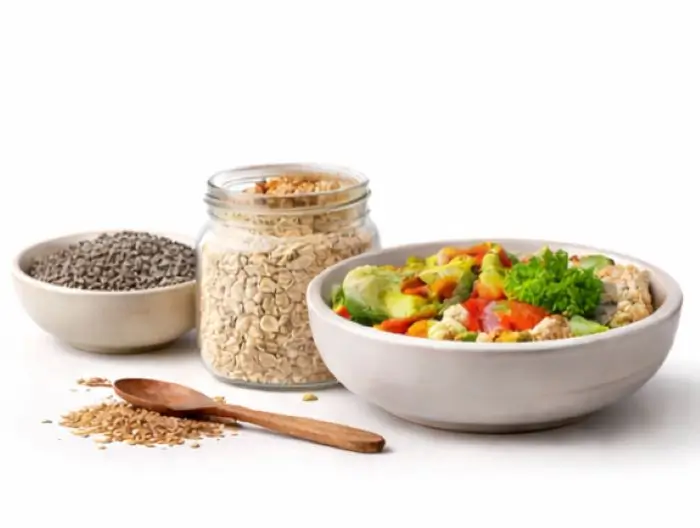 Common kitchen ingredients arranged neatly showing smarter food choices for better nutrition without complicated rules