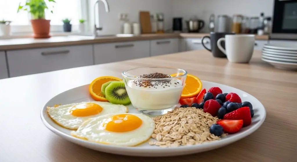 alanced breakfast with eggs yogurt oats and fruit showing how to avoid breakfast not filling and stay full longer after eating