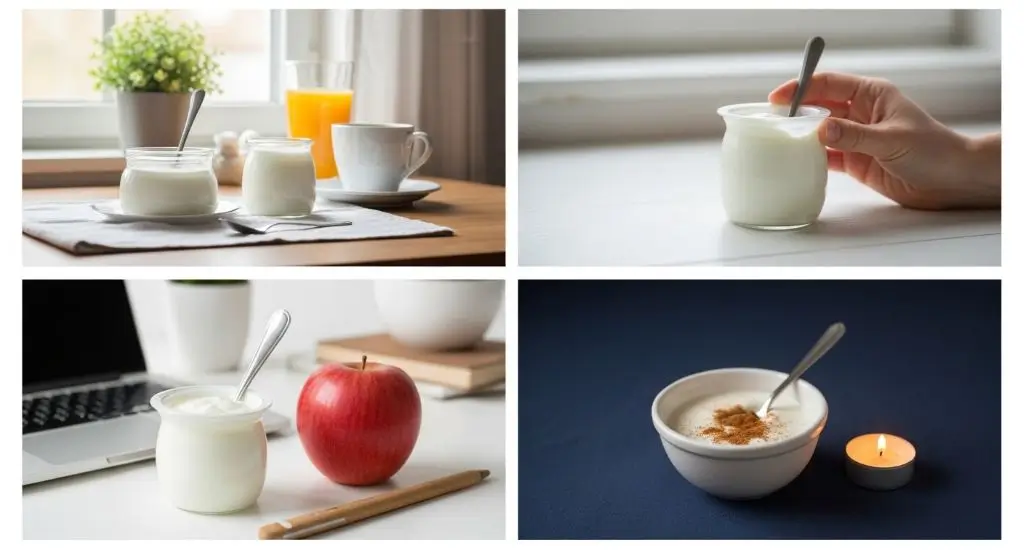 Yogurt shown at breakfast afternoon and evening, illustrating the best time to eat yogurt for weight loss habits