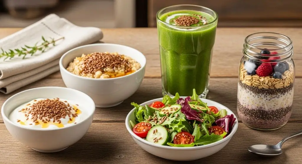 Flaxseed added to yogurt oatmeal smoothie and salad, the best way to eat flaxseed daily in everyday meals