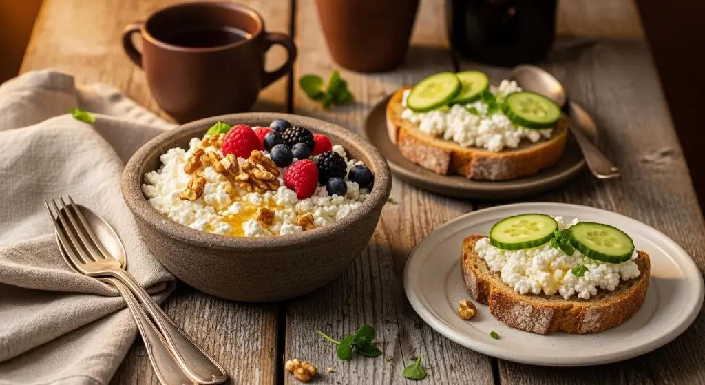 Rustic farmhouse cottage cheese nutrition breakfast bowl and toast for daily diet ideas