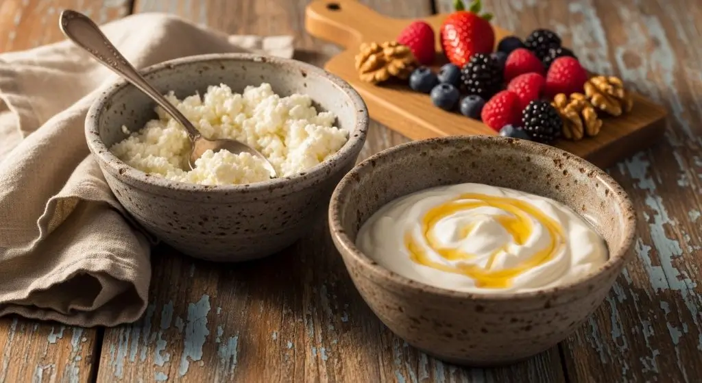 Rustic farmhouse comparison of cottage cheese vs Greek yogurt nutrition