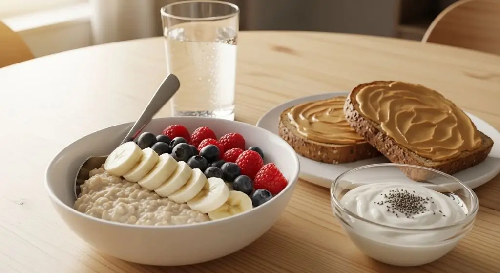 Fiber rich foods list for breakfast with oats, fruit, whole grain toast, and seeds for a simple and filling morning meal