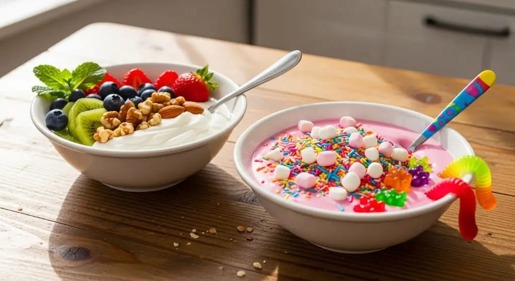 Is flavored yogurt healthy visual comparing plain yogurt with fruit vs flavored yogurt bowl to show difference in control and ingredients