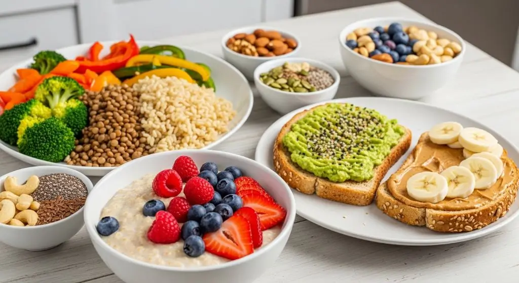 foods high in fiber for daily diet with oats, fruits, grains, lentils, and seeds in simple everyday meal setup