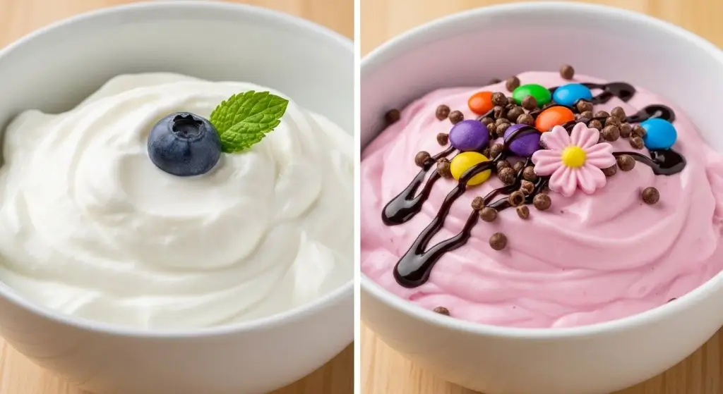 Greek yogurt pros and cons comparison showing plain yogurt versus flavored sugary version for smarter daily choices