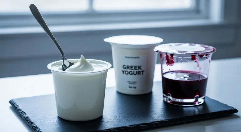 Thick Greek yogurt cup with spoon showing texture, asking is flavoured Greek yogurt healthy while checking Greek yogurt sugar content.