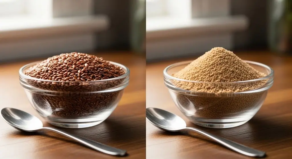 Side by side comparison of ground flaxseed vs whole flaxseed, the best way to eat flaxseed daily for absorption