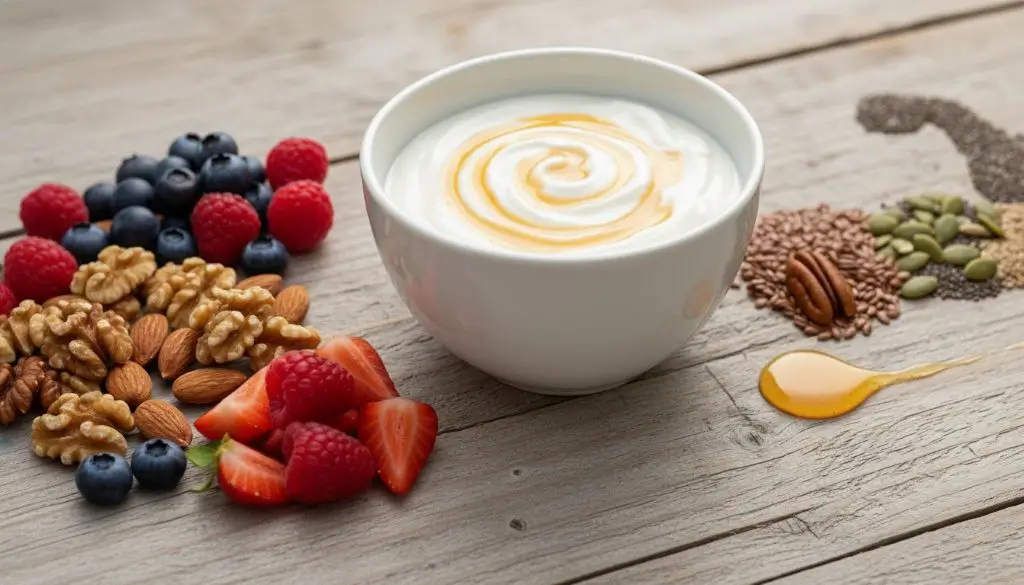 Health benefits of Greek yogurt shown with fiber rich toppings supporting fullness digestion and balanced daily eating