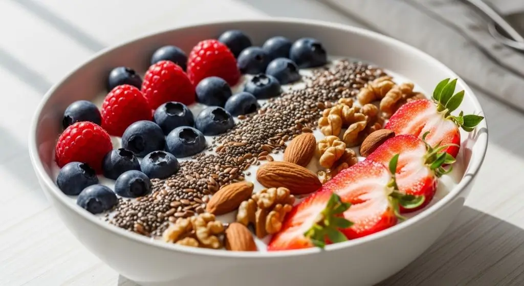 Is flavored yogurt healthy example of a balanced yogurt bowl with fruit nuts and seeds showing a smarter low sugar daily option