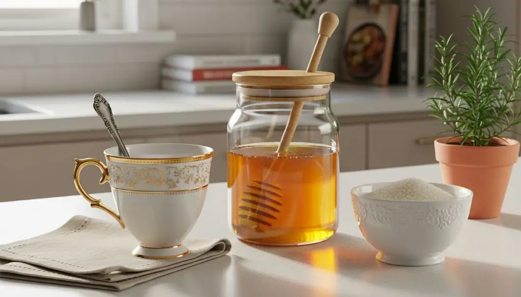 Is honey healthier than sugar in daily use showing tea with honey and sugar as everyday sweetener choices in real life setting