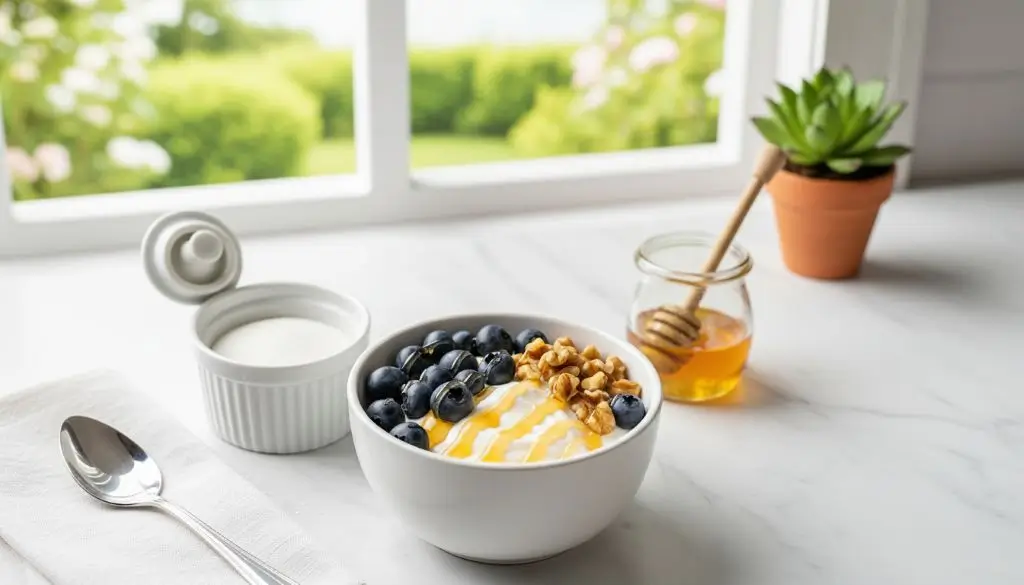 Honey vs sugar health comparison showing yogurt bowl with honey and berries versus unused sugar bowl