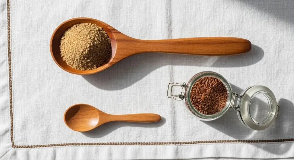 Tablespoon and teaspoon of ground flaxseed showing how much flaxseed per day is enough for most adults