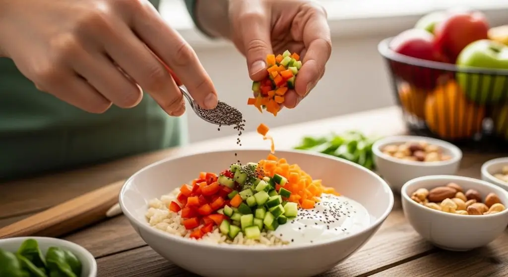 Fiber rich foods list showing simple ways to add seeds, fruits, and vegetables to everyday meals for higher fiber intake