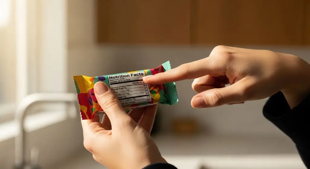 Finger pointing to nutrition facts on snack bar package - how to read food labels for healthy eating checklist tips