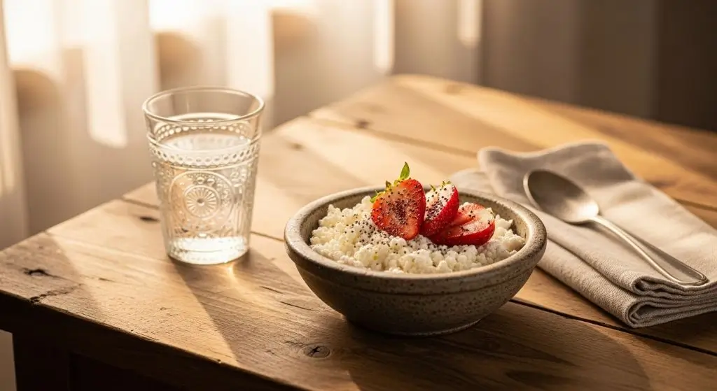 Rustic farmhouse cottage cheese bowl for weight loss and cottage cheese nutrition facts