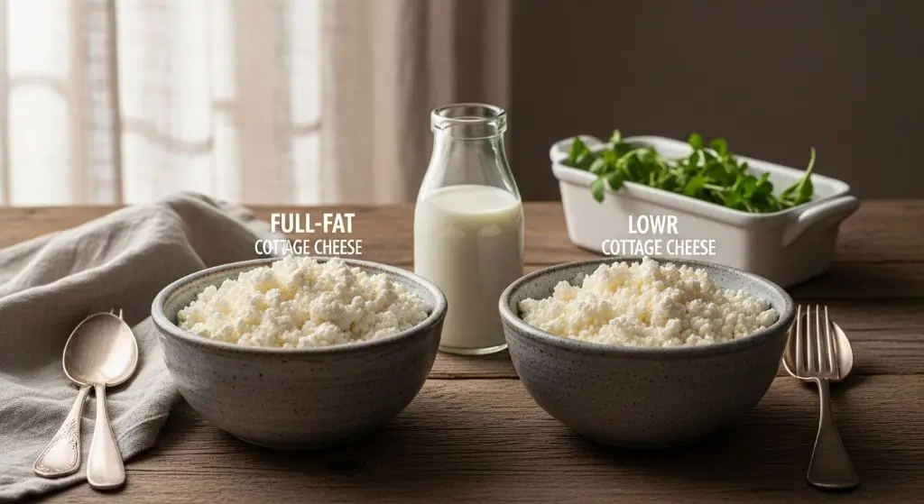 Rustic farmhouse comparison of low fat and full fat cottage cheese nutrition